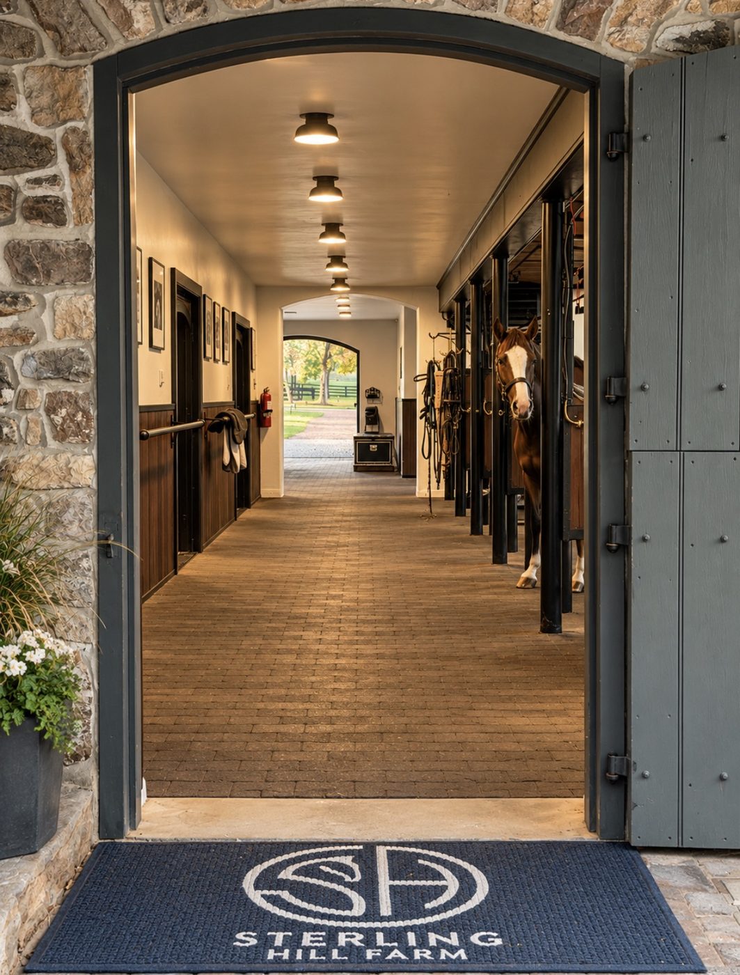 The brick-paved barn aisle lined with large wood stalls