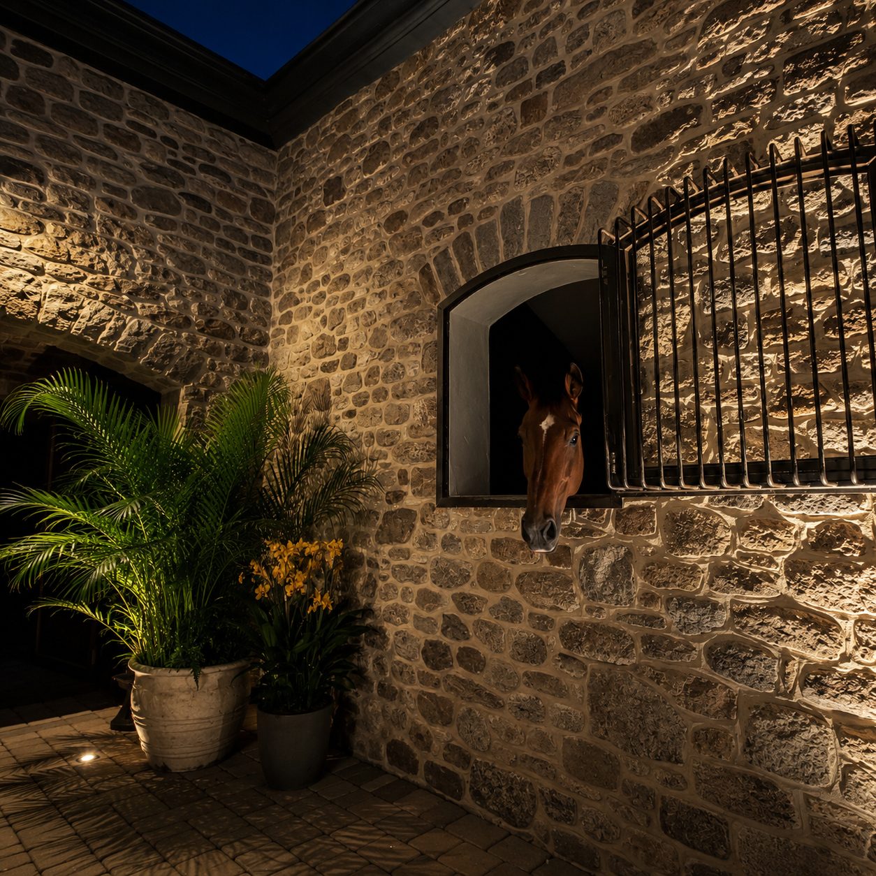 A horse looks out of an arched stall window in the stone barn at night